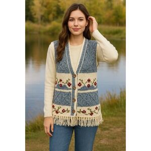 Vtg Sweater Vest Womens L Embroidered Floral Cottagecore Boho Granny 90s